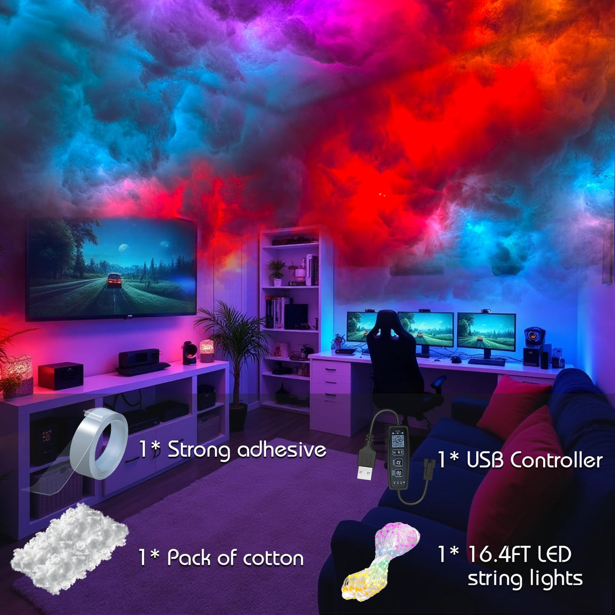 3D Cotton Thundercloud LED Light, DIY RGB+IC Chasing Ceiling Cloud LED Lights for Room Decor 17ft