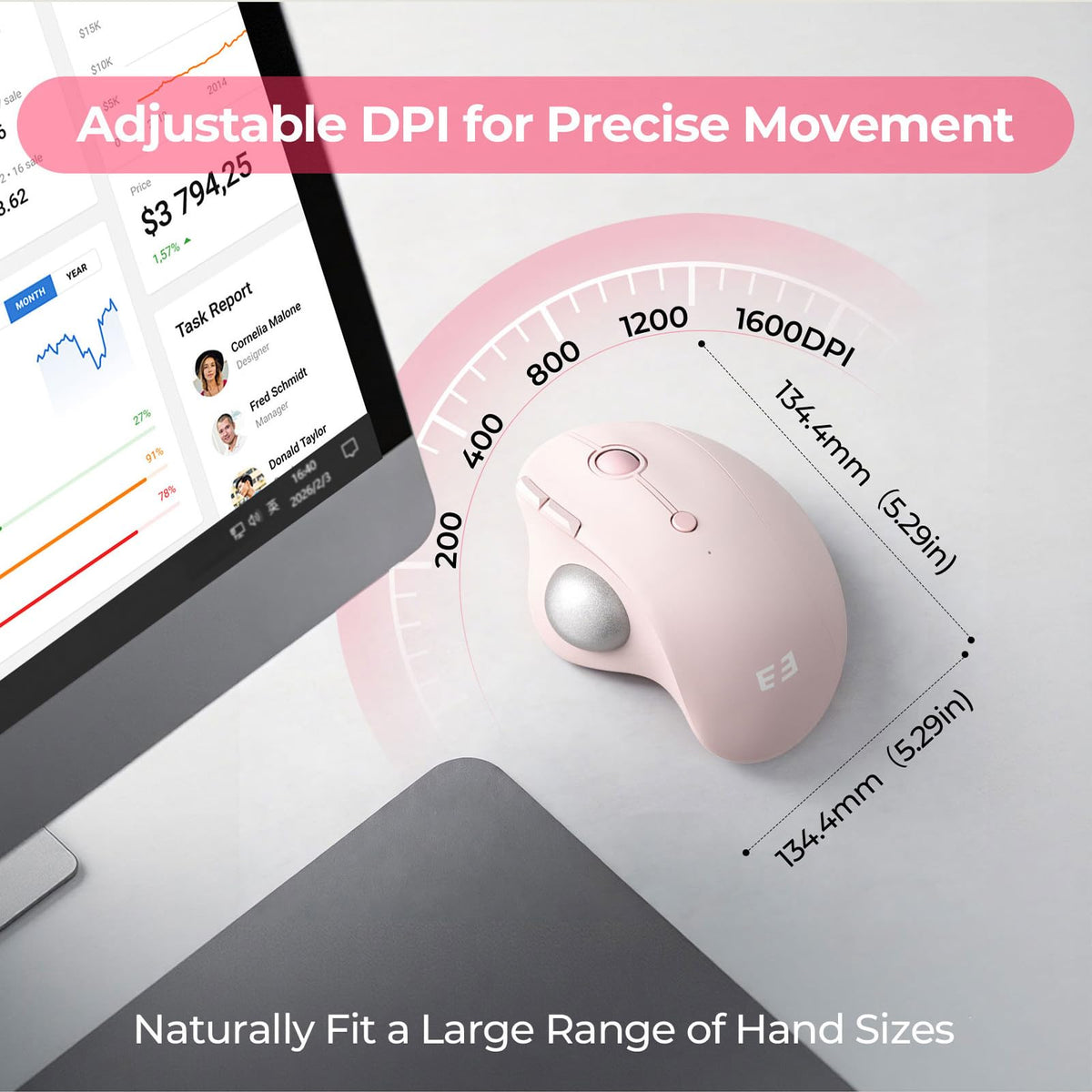 seenda Wireless Trackball Mouse, Ergonomic Bluetooth Rollerball Mouse Rechargeable, 3 Device Connection Optical Mice Adjustable DPI Thumb Control Mice Compatible for PC/Laptop/Windows/Mac - Pink