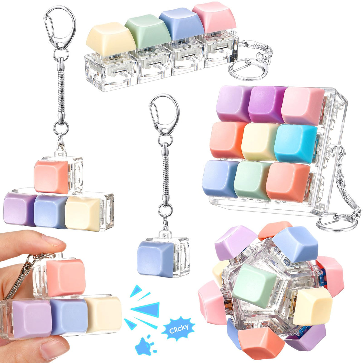 Halloscume 5 Pcs Keyboard Fidget Clicker Keychains in 5 Styles, Back to School Gift Fidget Mechanical Button Clicker Stress Relief Gift for First Day of School Office Home(Blue Purple)