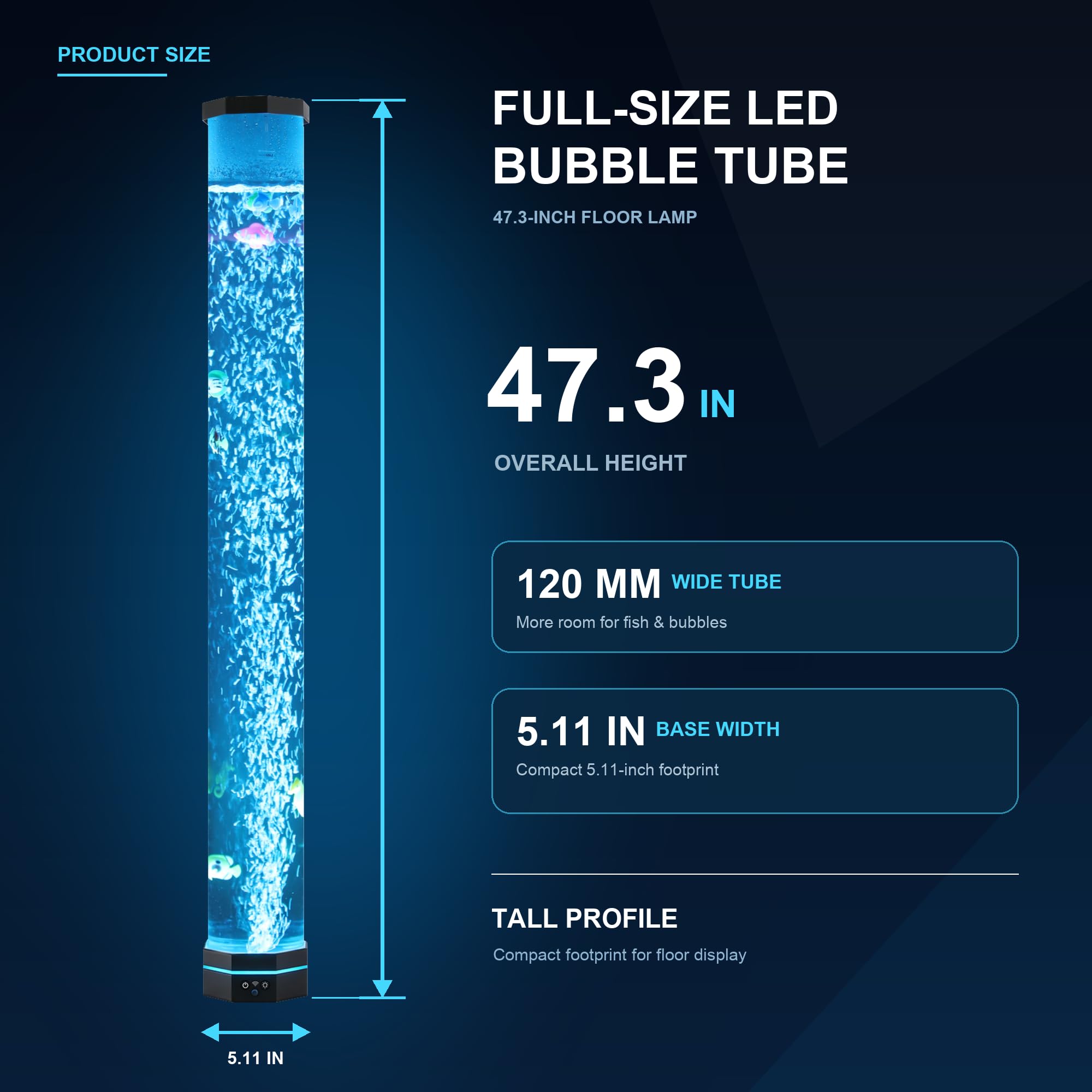 4FT Sensory Bubble Lamp, 9 Floating Fish, 16 Color LED | Remote control, 120mm extra-wide tube, 3-speed bubbles; for bedroom, living room, office and sensory room