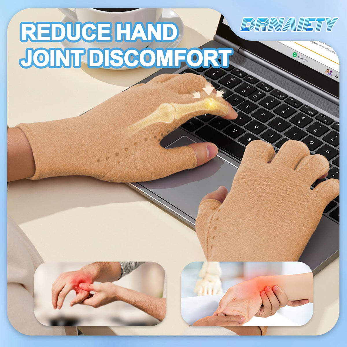 DRNAIETY 2-Pair Arthritis Compression Gloves- for Hand Arthritis, Carpal Tunnel Pain, Rheumatoid Arthritis, RSI, Fingerless, Anti-Slip, Breathable Gloves for Men & Women, Typing, Daily Use(M Brown)