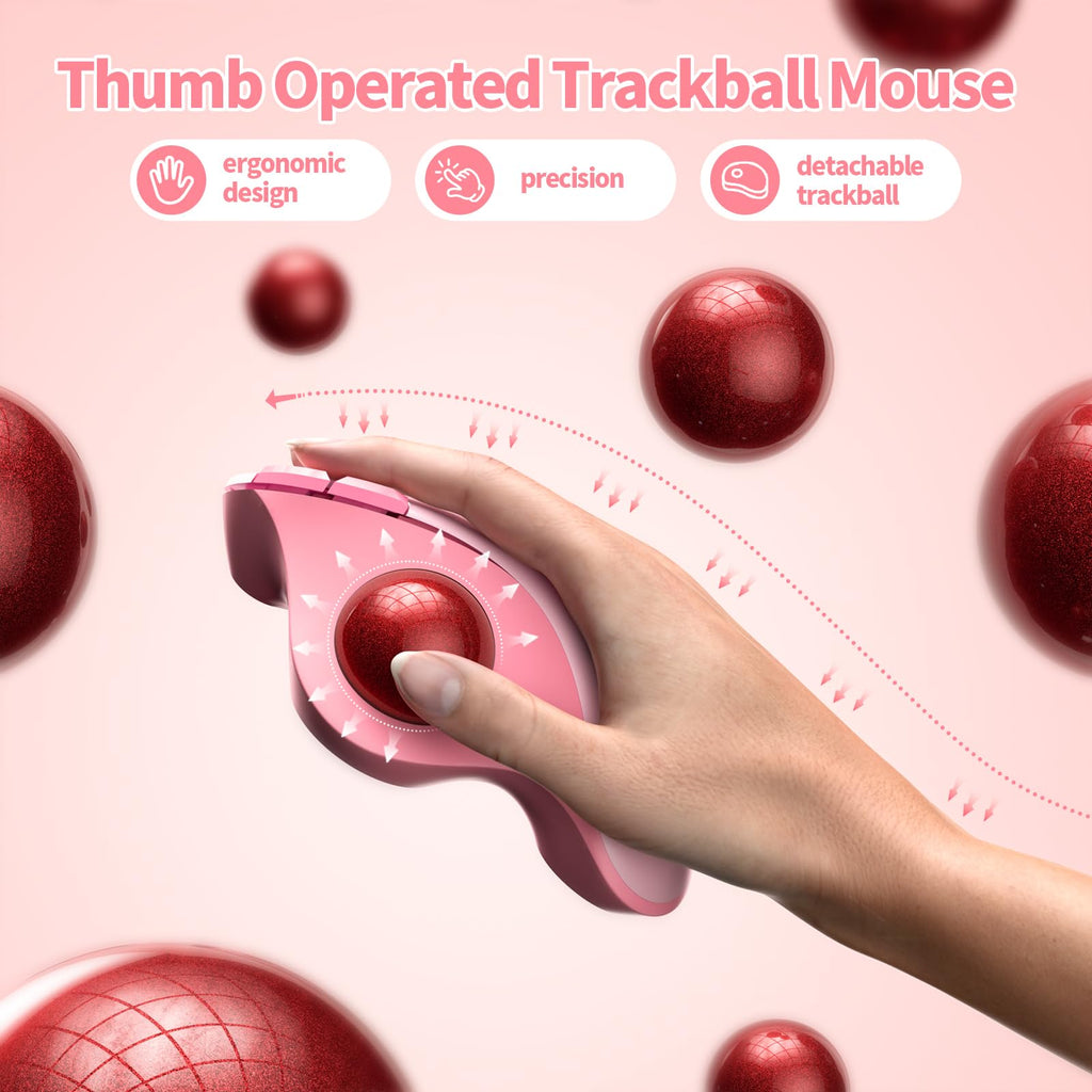 seenda Wireless Trackball Mouse, Ergonomic Bluetooth Rollerball Mouse Rechargeable, 3 Device Connection Optical Mice Adjustable DPI Thumb Control Mice Compatible for PC/Laptop/Windows/Mac - Pink