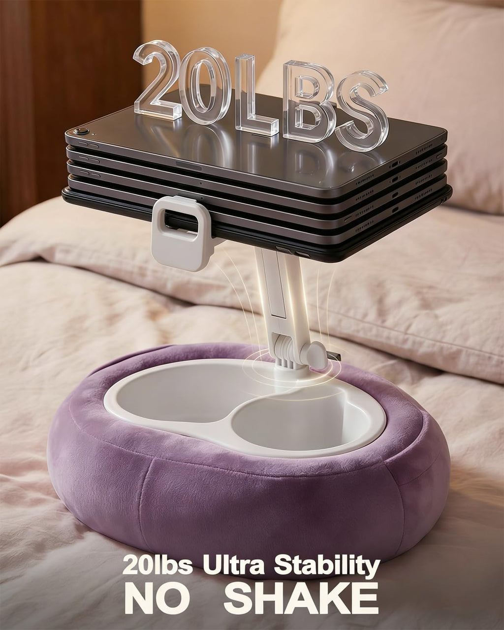 Miledi Tablet Pillow Stand for Bed with 360° Rotating Holder, Pink | Compatible with Kindle, iPad, Phone and Tablet 5" to 12.9", Soft Plush Fabric, with 2 Snack Bowls, for Reading and Relaxing