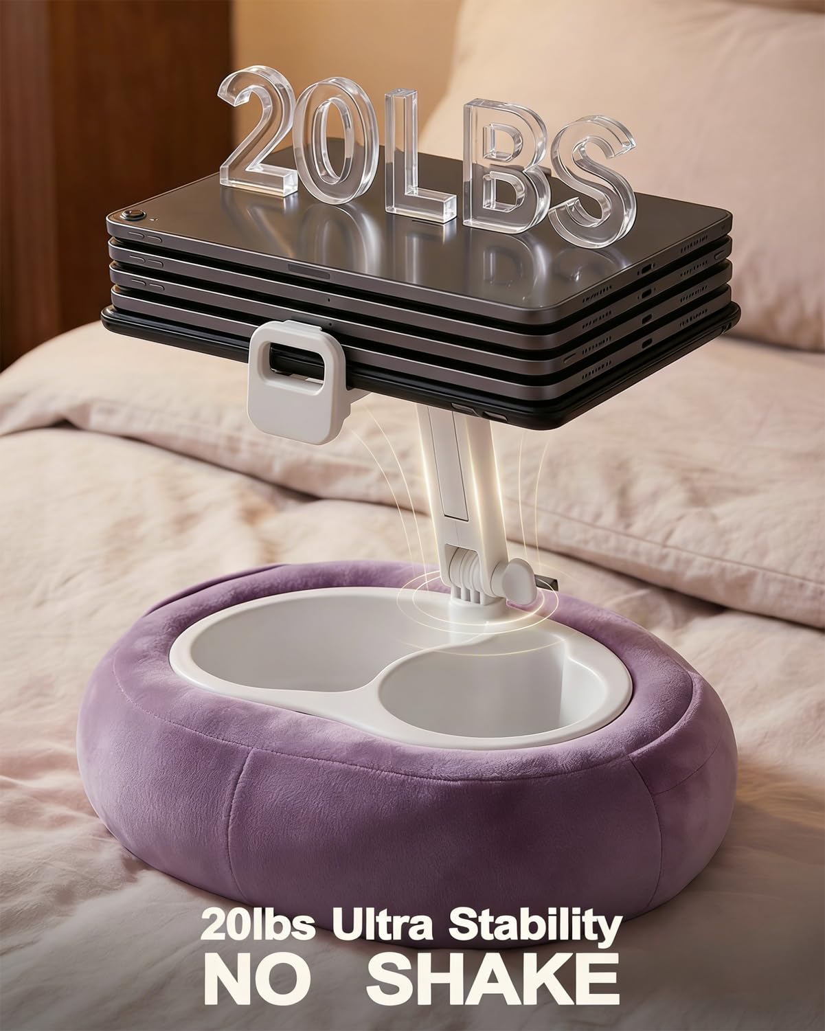 Miledi Tablet Pillow Stand for Bed with 360° Rotating Holder, Pink | Compatible with Kindle, iPad, Phone and Tablet 5" to 12.9", Soft Plush Fabric, with 2 Snack Bowls, for Reading and Relaxing
