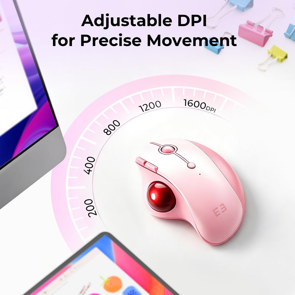 seenda Wireless Trackball Mouse, Ergonomic Bluetooth Rollerball Mouse Rechargeable, 3 Device Connection Optical Mice Adjustable DPI Thumb Control Mice Compatible for PC/Laptop/Windows/Mac - Pink