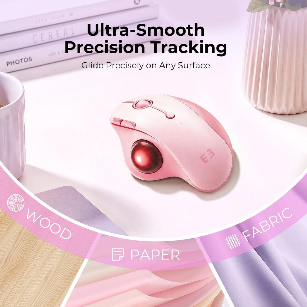 seenda Wireless Trackball Mouse, Ergonomic Bluetooth Rollerball Mouse Rechargeable, 3 Device Connection Optical Mice Adjustable DPI Thumb Control Mice Compatible for PC/Laptop/Windows/Mac - Pink