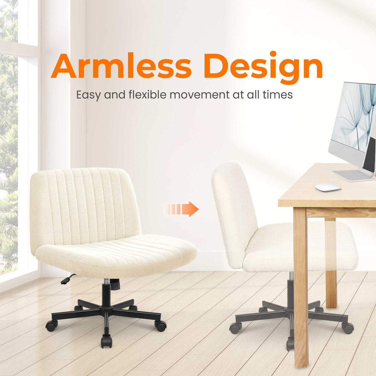 NEO CHAIR Criss Cross Chair with Wheels Home Office Cross Legged Armless Chairs Adjustable Computer Desk Wide Seat for Bedroom Vanity Comfy Swivel (Teddy White)