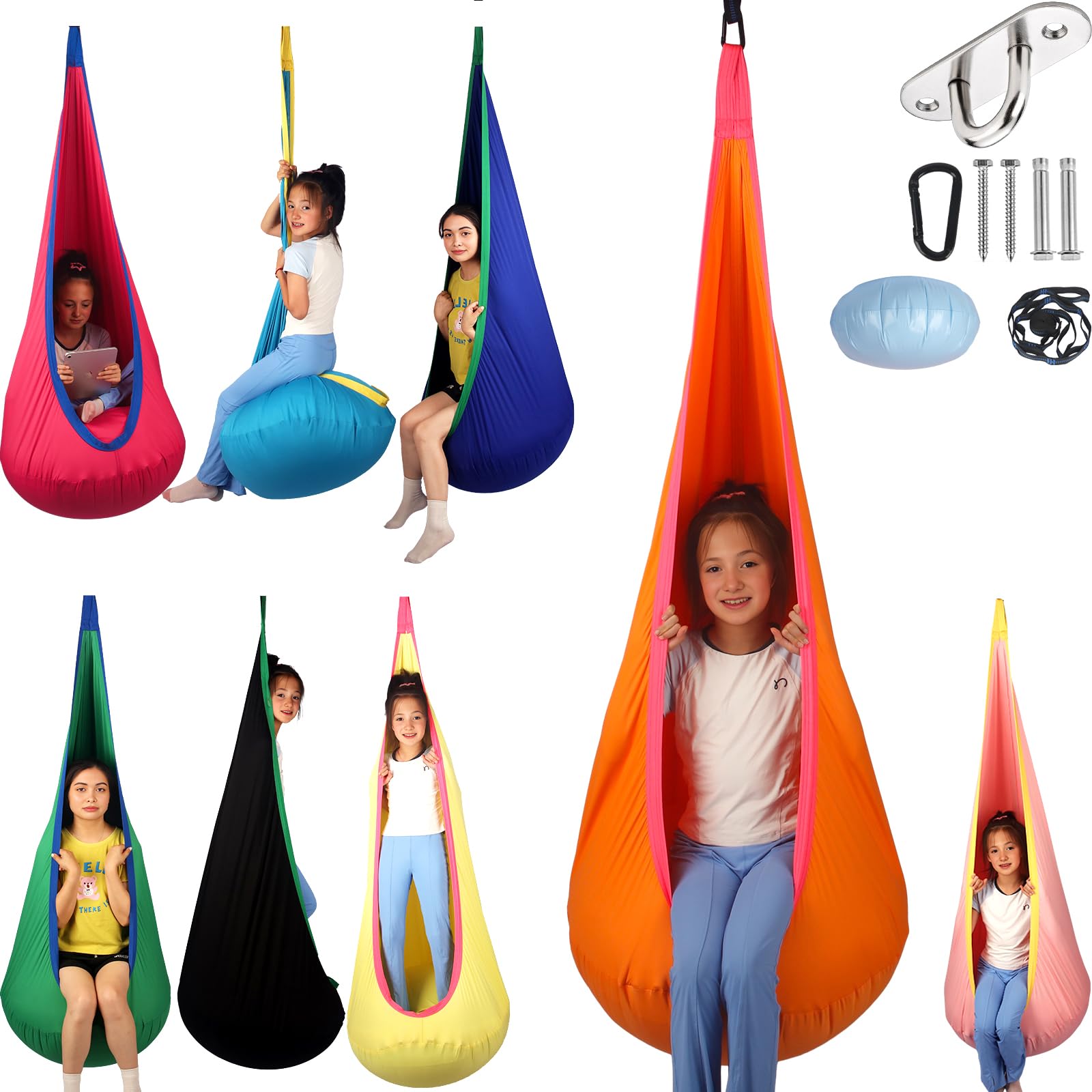 Sensory Pod Swing for Kids | Hammock Chair Seat, Inflatable Cushion, Includes Hardware Hanger Kit for Aspergers Autism ADHD