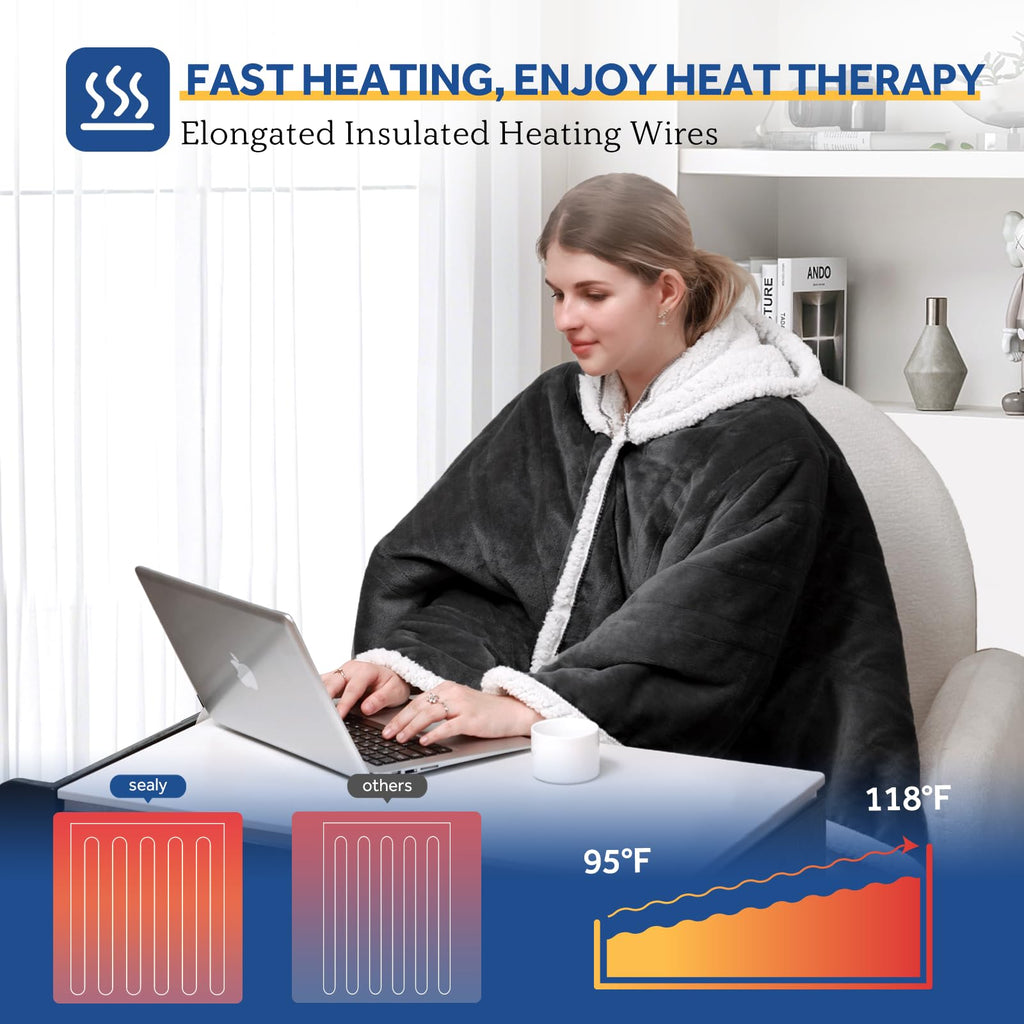 Sealy Heated Throw Wearable Shawl Wrap with Pockets, Reversible Flannel to Sherpa Electric Blanket Hoodie Poncho with 6 Heating Levels & 2-10 Hours Time Settings, 50 X 60 Inch, Pink