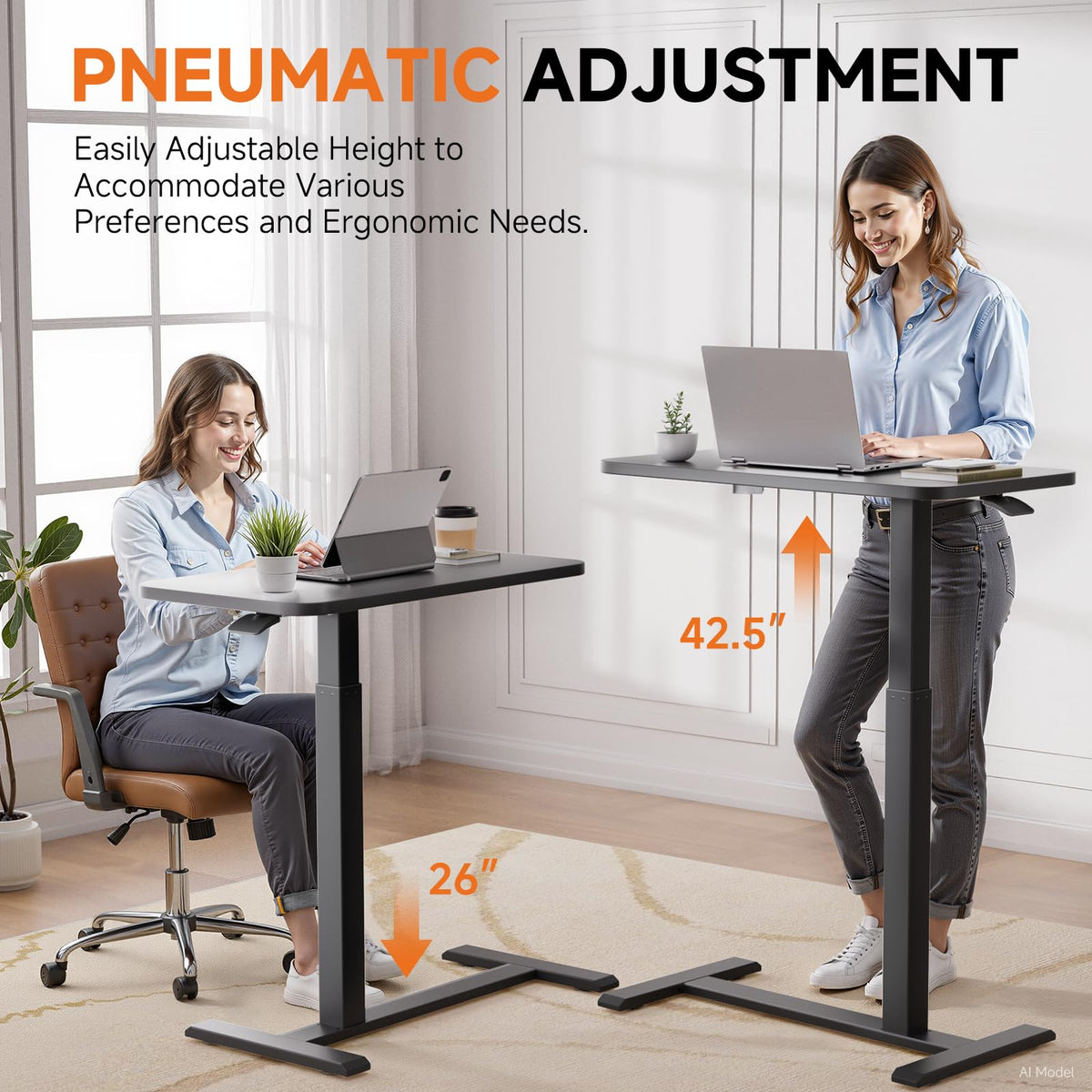 GTPLAYER Small Standing Desk with Wheels, Pneumatic Mobile Rolling Laptop Desk, Adjustable Height Overbed Bedside Table Computer Workstation for Home Office (28" W x 16" D, White)