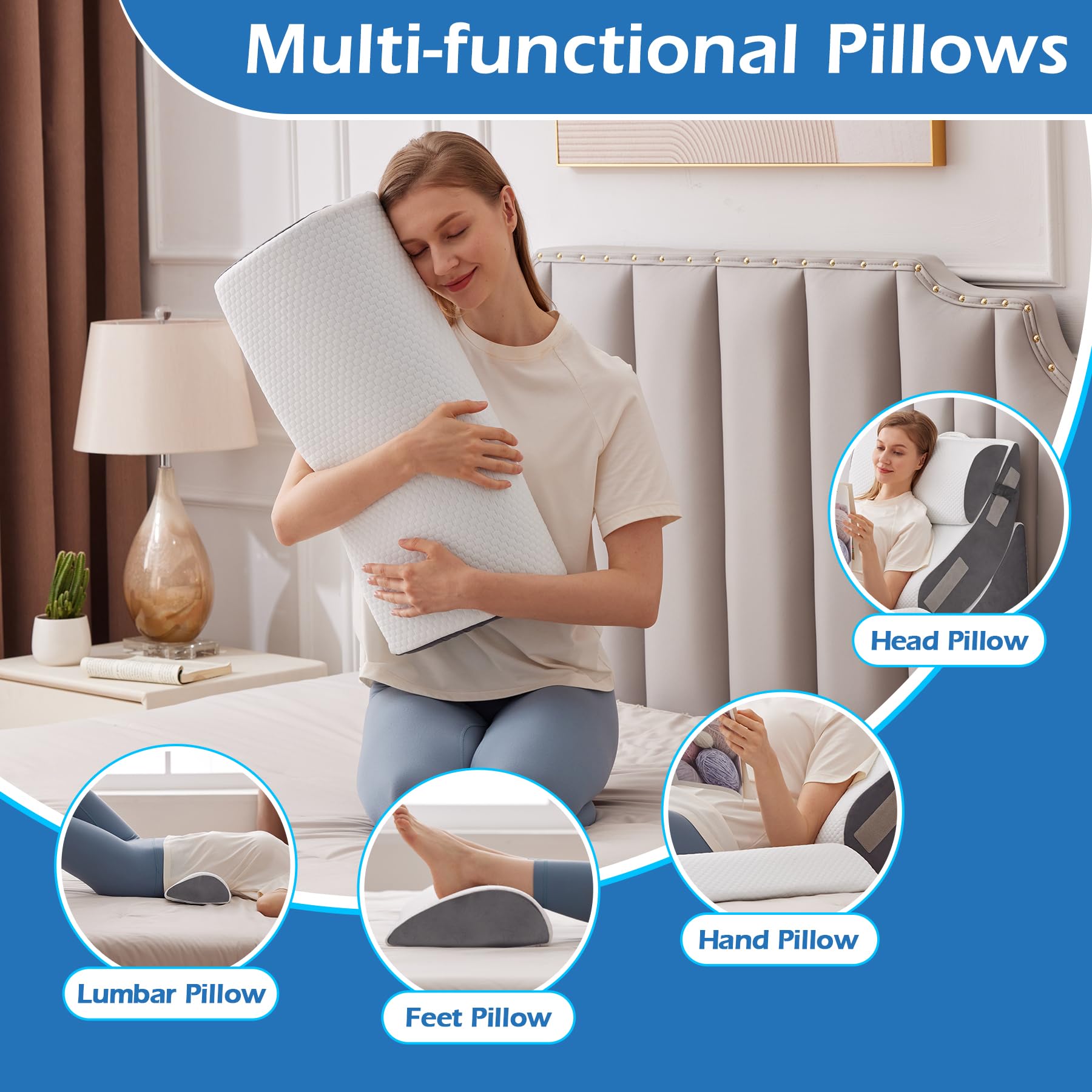 Ahpmeoa 6PCS Wedge Pillow Set for After Surgery, Orthopedic Bed Wedge Pillow for Headboard, Memory Foam Back Pillow for Bed Sitting Up, Sit Up Pillow for Acid Reflux Relief, GERD, Anti Snoring (White)