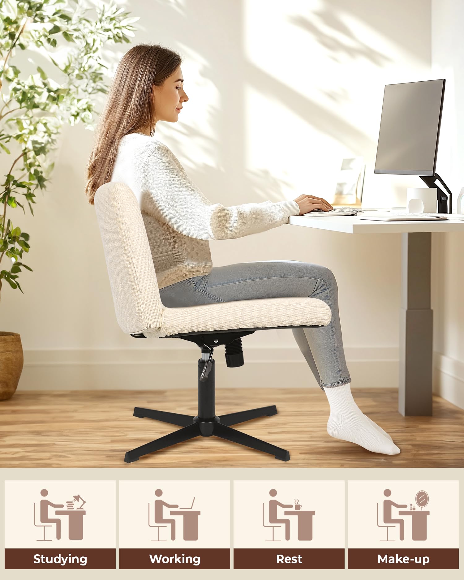 NEO CHAIR Criss Cross Chair with Wheels Home Office Cross Legged Armless Chairs Adjustable Computer Desk Wide Seat for Bedroom Vanity Comfy Swivel (Teddy White)