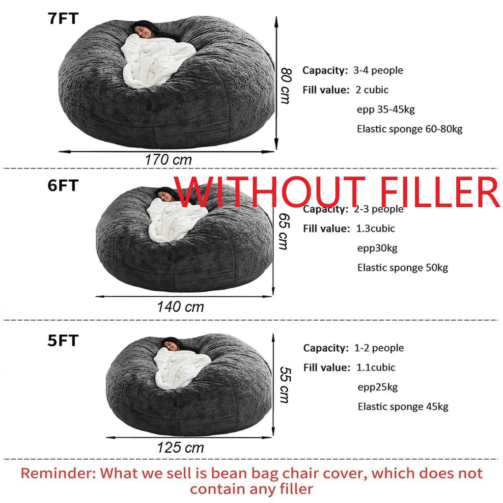 HDMLDP Bean Bag Chair for Adults Kids Without Filling Comfy Fluffy Giant Round Beanbag Lazy Sofa Cover for Reading Chair Floor Chair, 6FT, Grey