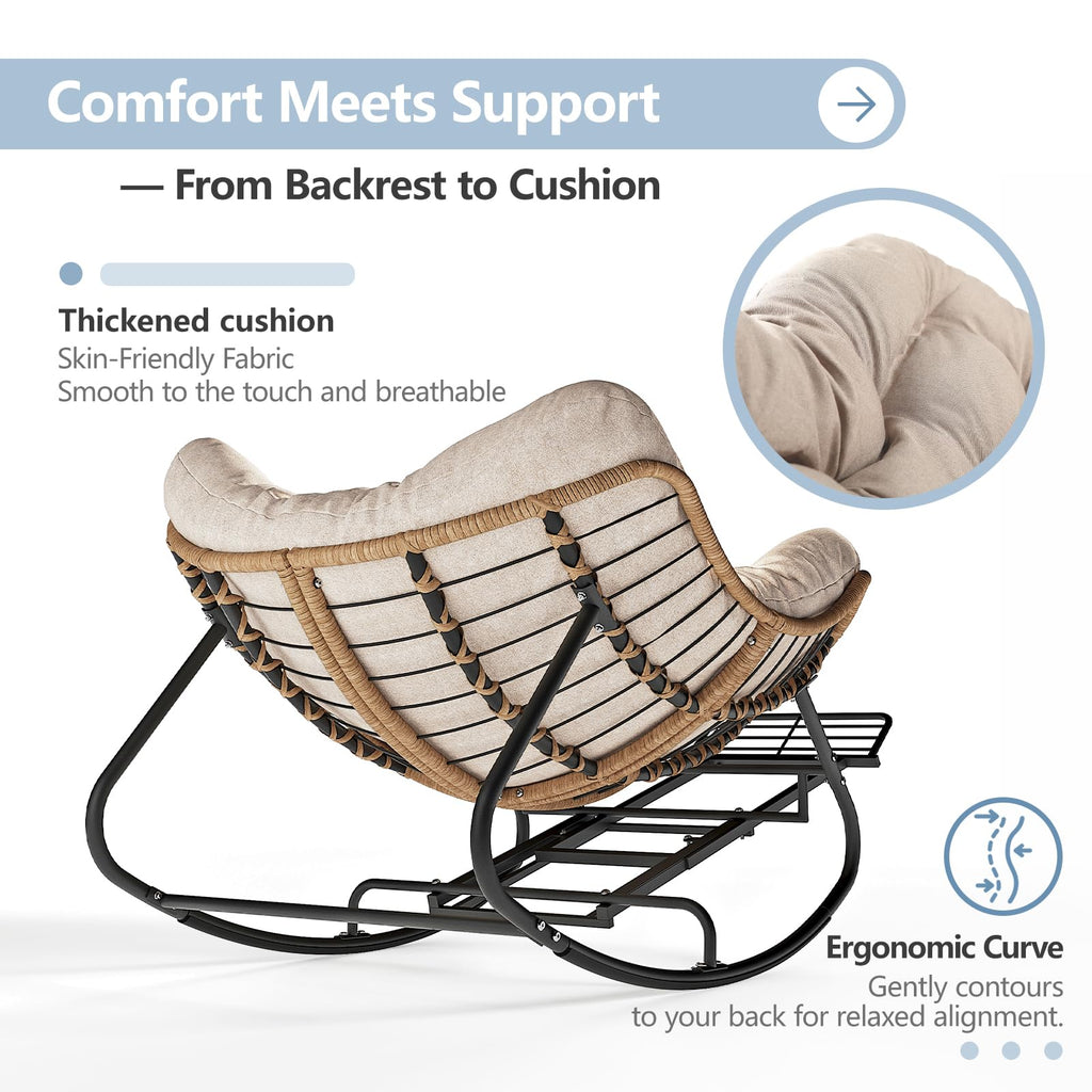 SWITTE Papasan Rocking Chair Outdoor, Oversized Patio Egg Chair with Thick Cushion, Indoor Wicker Lounge Rocker Bed for Balcony, Porch, Garden, Dark Gray
