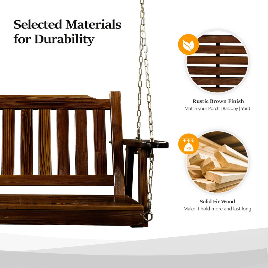 VINGLI Heavy Duty 880 LBS 5 FT Patio Wooden Porch Swing Outdoor with Upgraded Adjustable Chains, Outdoor Hanging Swing Bench for Garden, Yard, Balcony (5 FT, Brown)