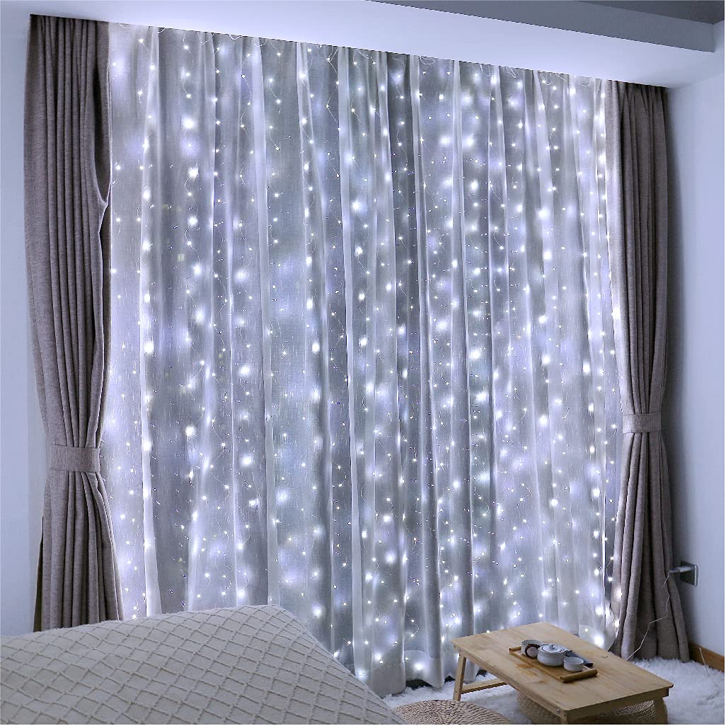 ZSJWL 300 LED Curtain Fairy Lights with Remote, 8 Modes 9.8 × 9.8 Ft Curtain String Light USB Plug in, Twinkle Silver Wire Lights for Bedroom Window Chrismas Wedding Party, Warm White