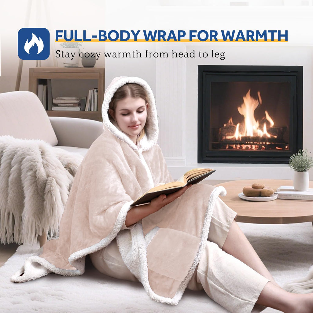 Sealy Heated Throw Wearable Shawl Wrap with Pockets, Reversible Flannel to Sherpa Electric Blanket Hoodie Poncho with 6 Heating Levels & 2-10 Hours Time Settings, 50 X 60 Inch, Pink