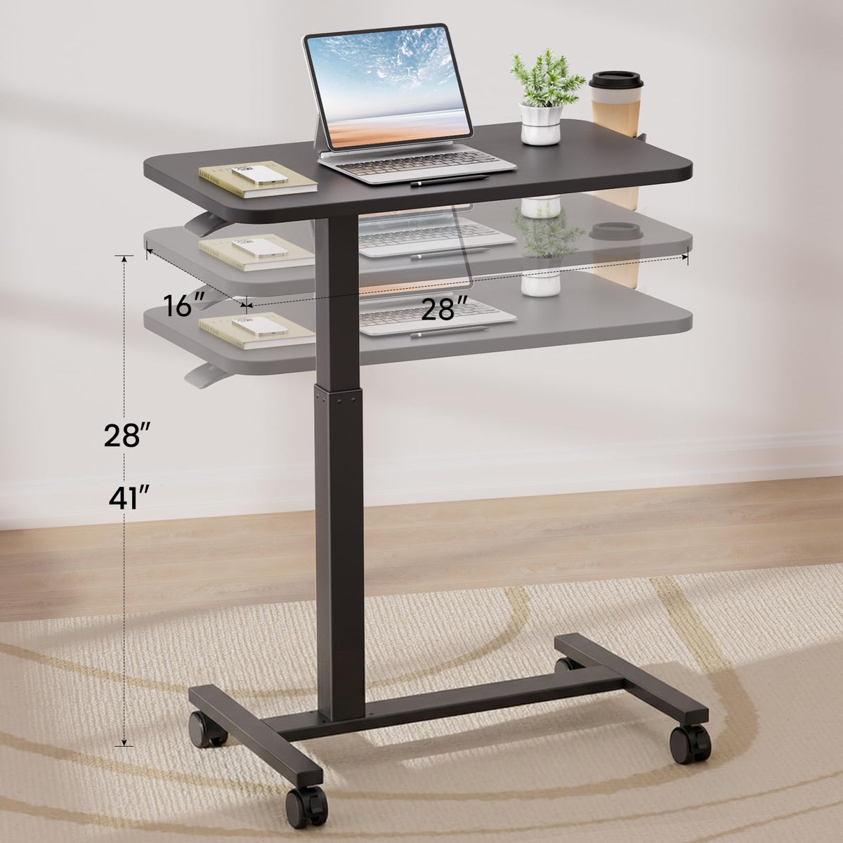 GTPLAYER Small Standing Desk with Wheels, Pneumatic Mobile Rolling Laptop Desk, Adjustable Height Overbed Bedside Table Computer Workstation for Home Office (28" W x 16" D, White)