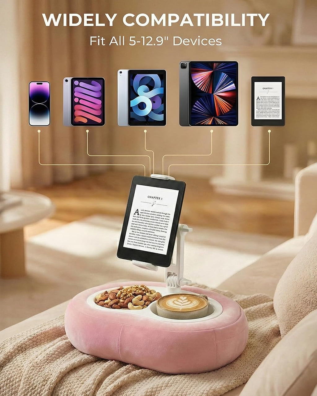 Miledi Tablet Pillow Stand for Bed with 360° Rotating Holder, Pink | Compatible with Kindle, iPad, Phone and Tablet 5" to 12.9", Soft Plush Fabric, with 2 Snack Bowls, for Reading and Relaxing