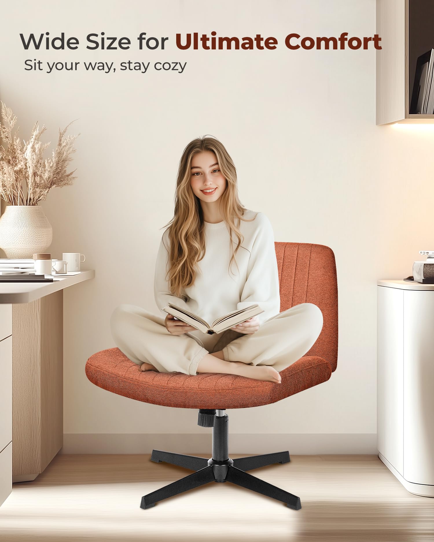 NEO CHAIR Criss Cross Chair with Wheels Home Office Cross Legged Armless Chairs Adjustable Computer Desk Wide Seat for Bedroom Vanity Comfy Swivel (Teddy White)