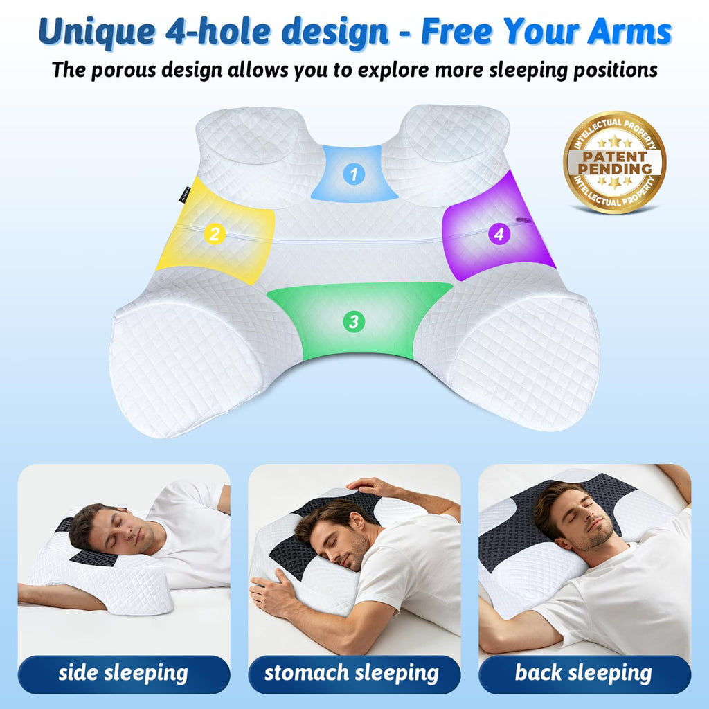 Side Sleeper Pillow with Arm Hole, Shoulder Relief System, Arm Pillow for Neck and Shoulder Pain, Premium Memory Foam, Suitable for Side, Back and Stomach Sleepers - Grey, 6in Height