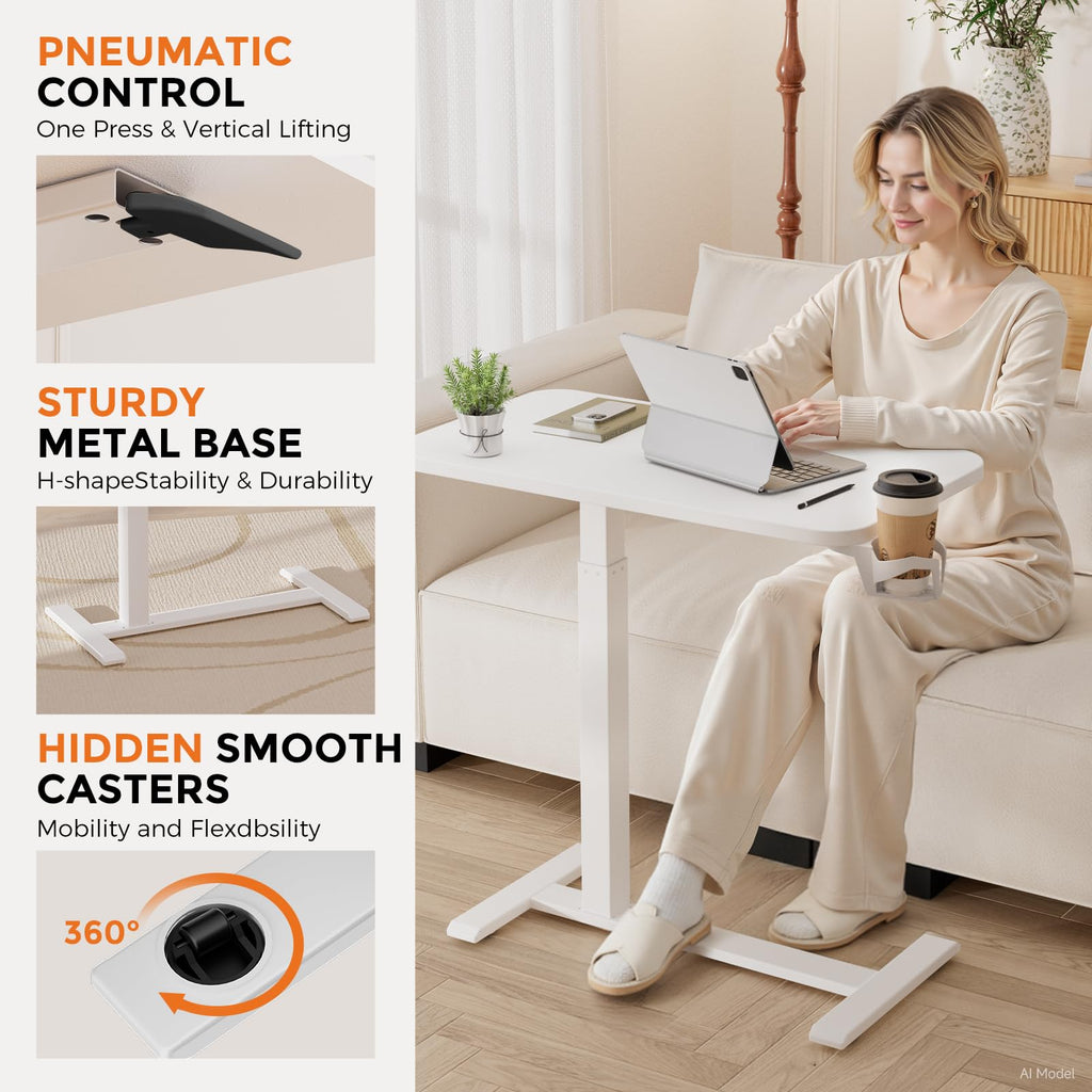 GTPLAYER Small Standing Desk with Wheels, Pneumatic Mobile Rolling Laptop Desk, Adjustable Height Overbed Bedside Table Computer Workstation for Home Office (28" W x 16" D, White)