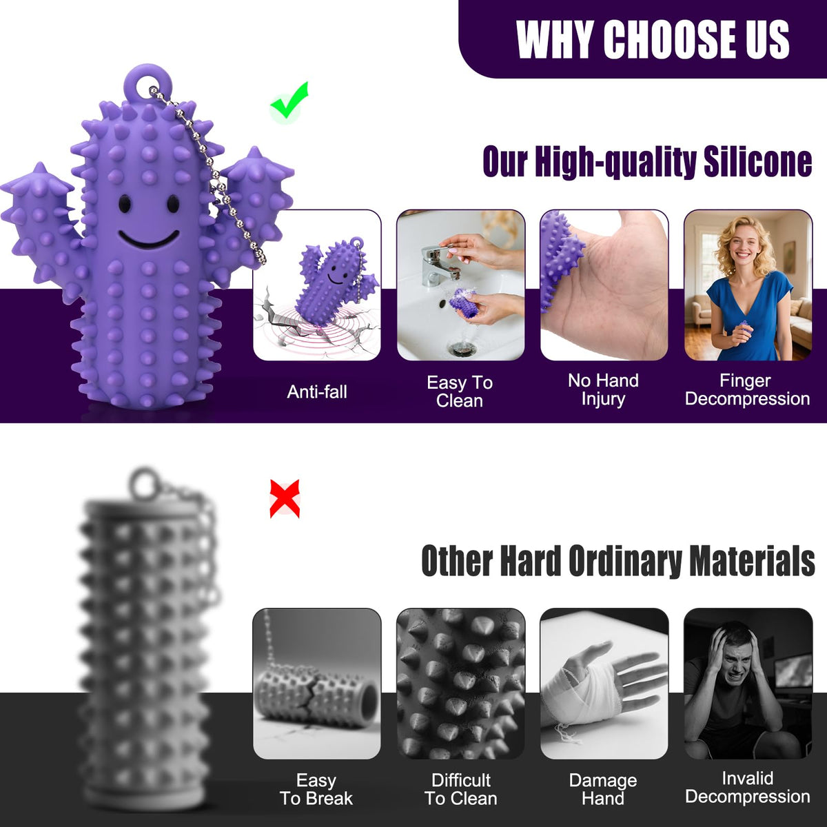 2Pcs Little Ouchies Pain Fidget, Silicone Cactus Pain Stim Fidget Toy for Adults, Little Ouchies Grippie Spiky Stim Tool Keychain for Hard Spiky Sensory Toys Anxiety Relief Fun Gifts, Black