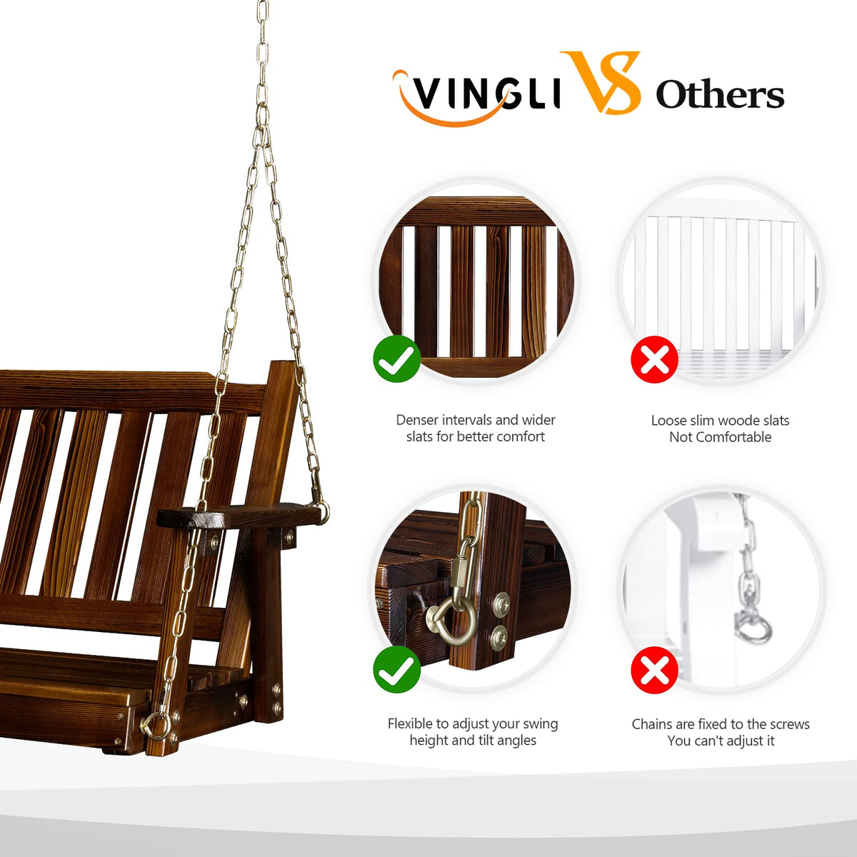 VINGLI Heavy Duty 880 LBS 5 FT Patio Wooden Porch Swing Outdoor with Upgraded Adjustable Chains, Outdoor Hanging Swing Bench for Garden, Yard, Balcony (5 FT, Brown)