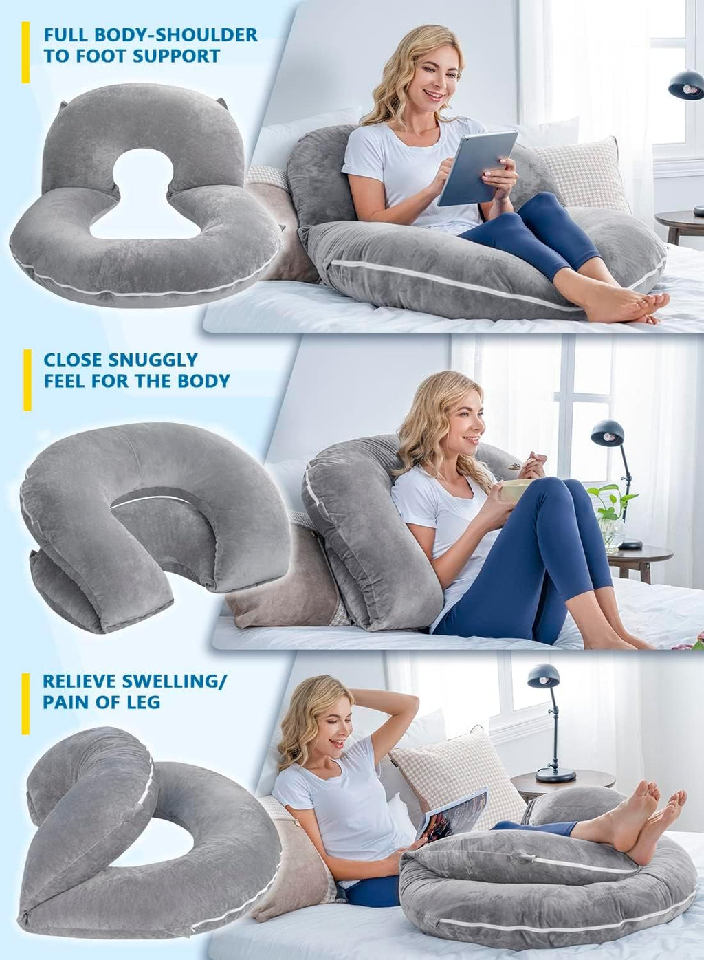 INSEN Reading Pillow, Back Pillow for Sitting in Bed for Reading, Nurse & Relax, Reading Pillow for Adults, Moms & Kids, Sit Up Pillow for Bed (Grey, 45in)
