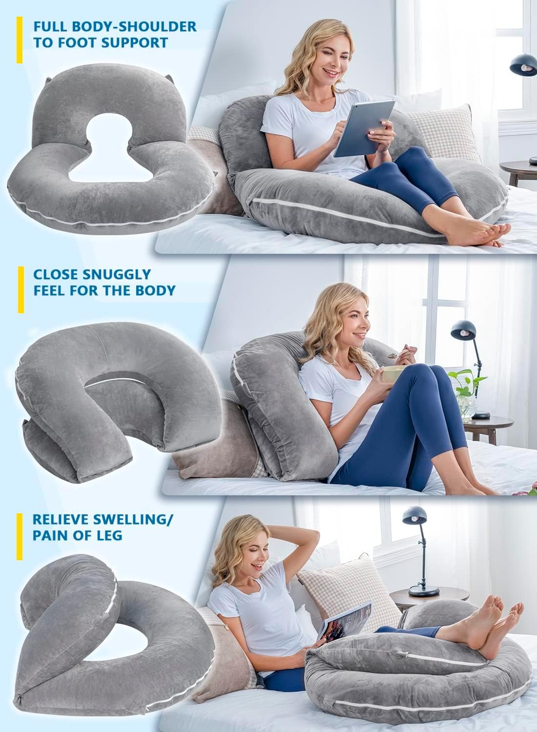 INSEN Reading Pillow, Back Pillow for Sitting in Bed for Reading, Nurse & Relax, Reading Pillow for Adults, Moms & Kids, Sit Up Pillow for Bed (Grey, 45in)