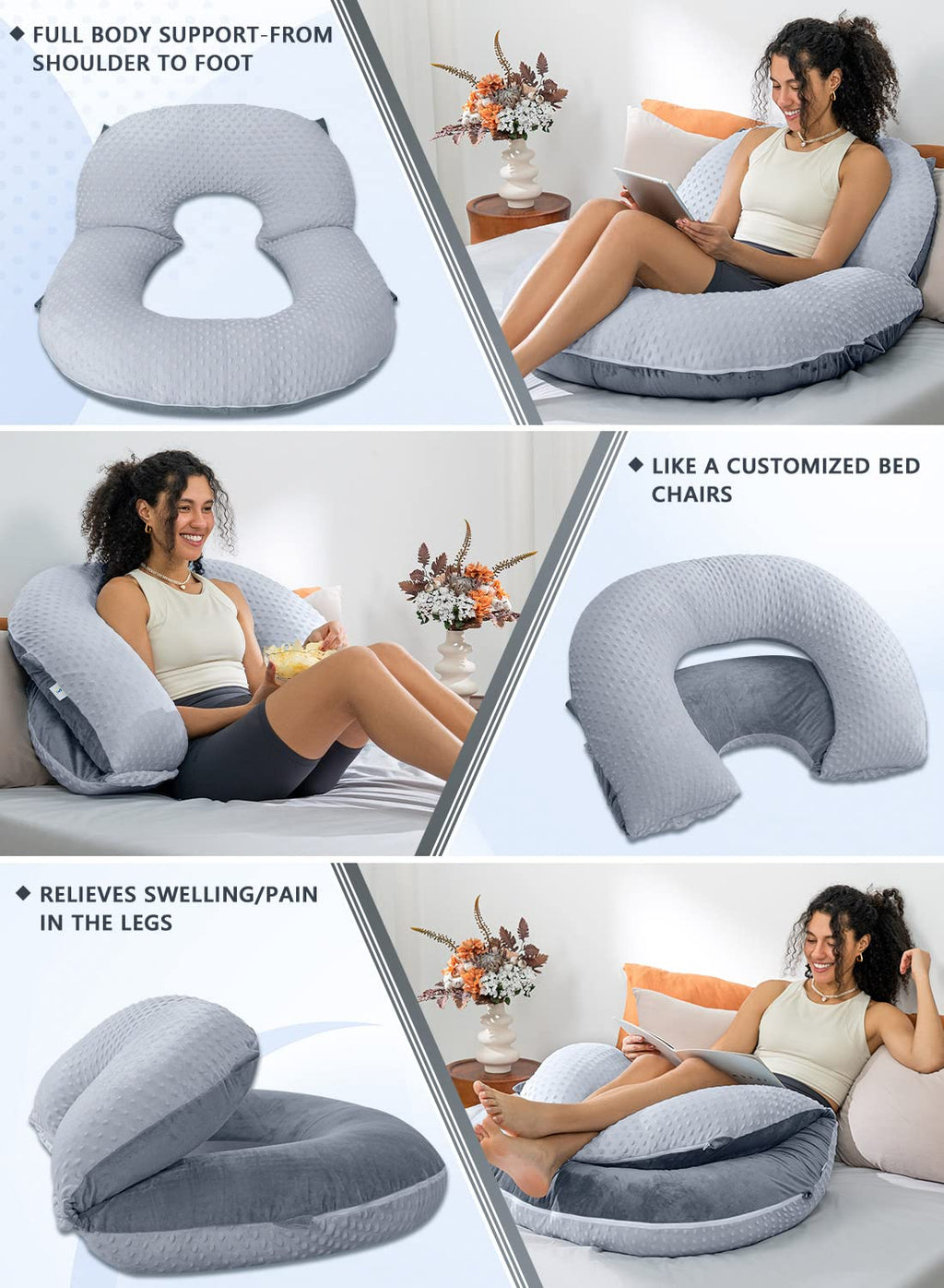 INSEN Reading Pillow, Back Pillow for Sitting in Bed for Reading, Nurse & Relax, Reading Pillow for Adults, Moms & Kids, Sit Up Pillow for Bed (Grey, 45in)