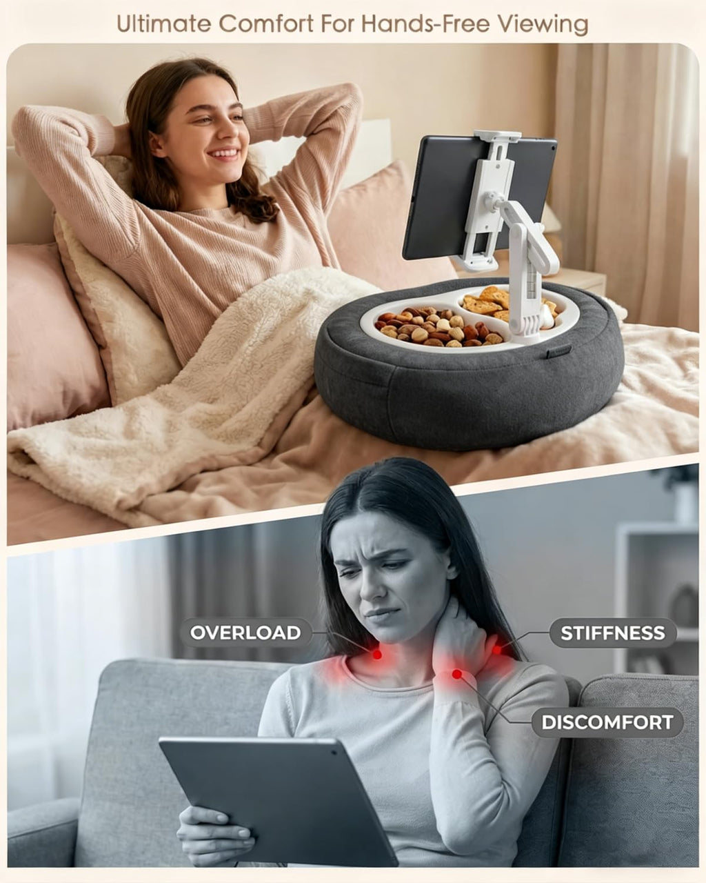 Miledi Tablet Pillow Stand for Bed with 360° Rotating Holder, Pink | Compatible with Kindle, iPad, Phone and Tablet 5" to 12.9", Soft Plush Fabric, with 2 Snack Bowls, for Reading and Relaxing
