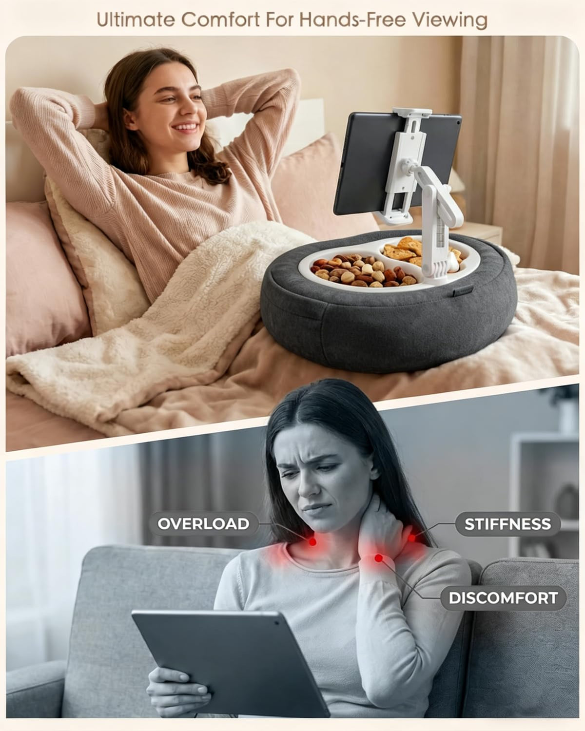 Miledi Tablet Pillow Stand for Bed with 360° Rotating Holder, Pink | Compatible with Kindle, iPad, Phone and Tablet 5" to 12.9", Soft Plush Fabric, with 2 Snack Bowls, for Reading and Relaxing