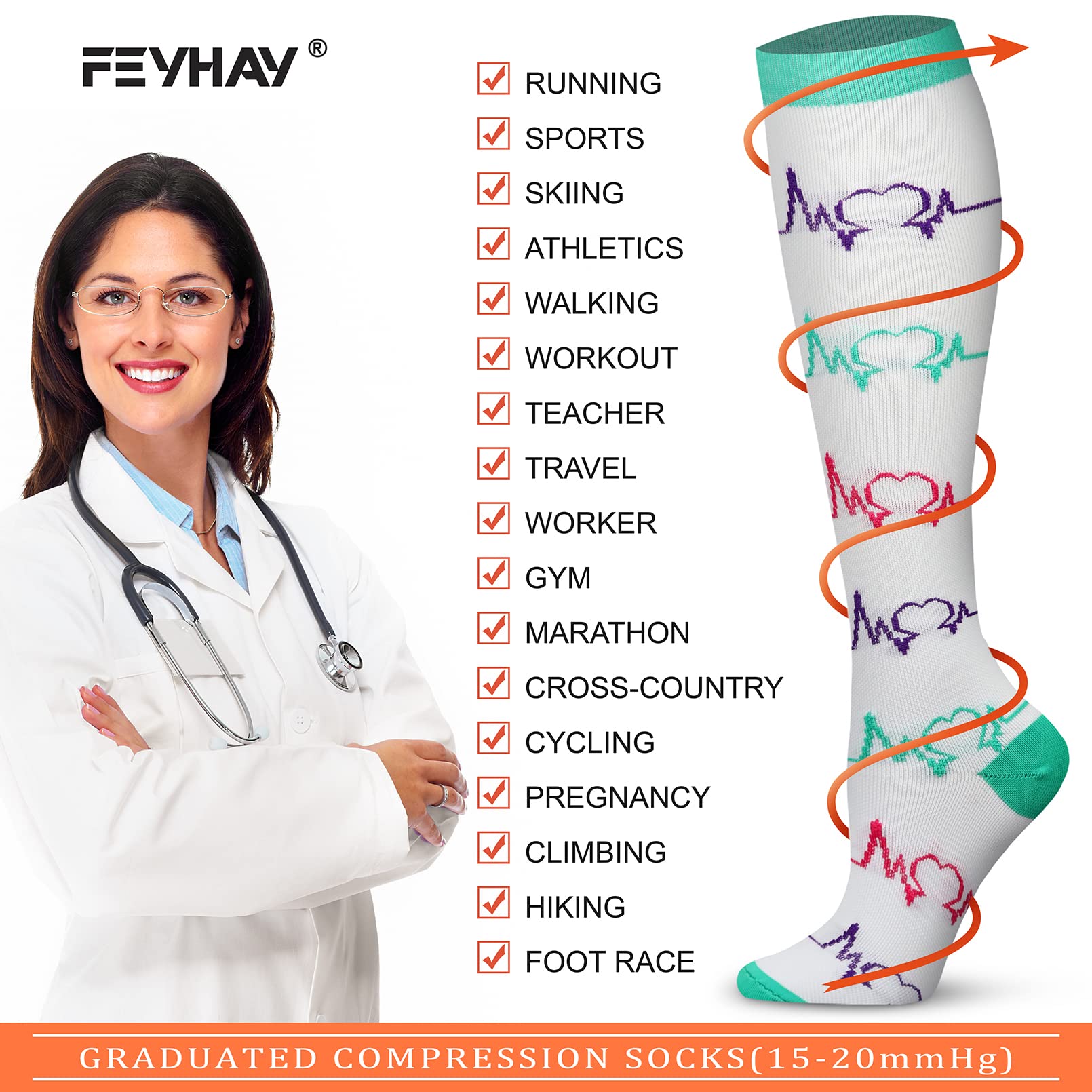 FEYHAY Copper Compression Socks (8 Pairs) 15-20 mmHg Circulation is Best Athletic & Daily for Men & Women, Running, Climbing