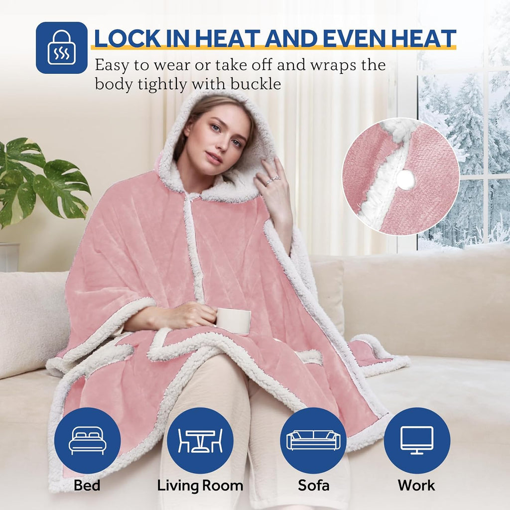Sealy Heated Throw Wearable Shawl Wrap with Pockets, Reversible Flannel to Sherpa Electric Blanket Hoodie Poncho with 6 Heating Levels & 2-10 Hours Time Settings, 50 X 60 Inch, Pink