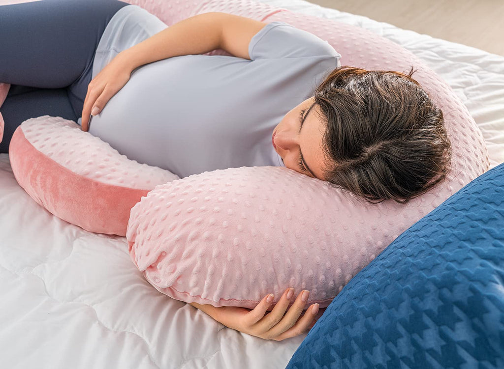 QUEEN ROSE Cooling Pregnancy Pillows, E Shaped Maternity Pillow for Sleeping, with Extra Wedge Pillow for Belly Support, 60 Inch Full Body Pillow, Pink
