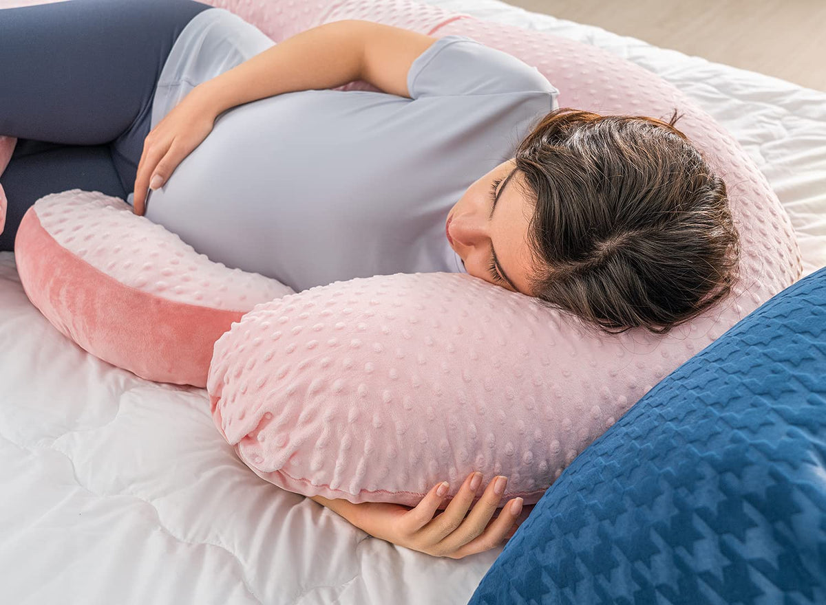 QUEEN ROSE Cooling Pregnancy Pillows, E Shaped Maternity Pillow for Sleeping, with Extra Wedge Pillow for Belly Support, 60 Inch Full Body Pillow, Pink