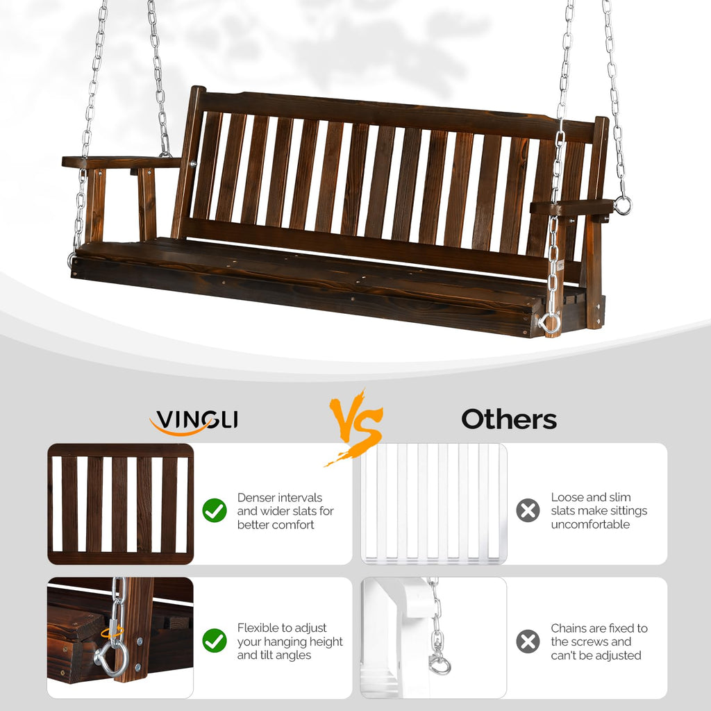 VINGLI Heavy Duty 880 LBS 5 FT Patio Wooden Porch Swing Outdoor with Upgraded Adjustable Chains, Outdoor Hanging Swing Bench for Garden, Yard, Balcony (5 FT, Brown)