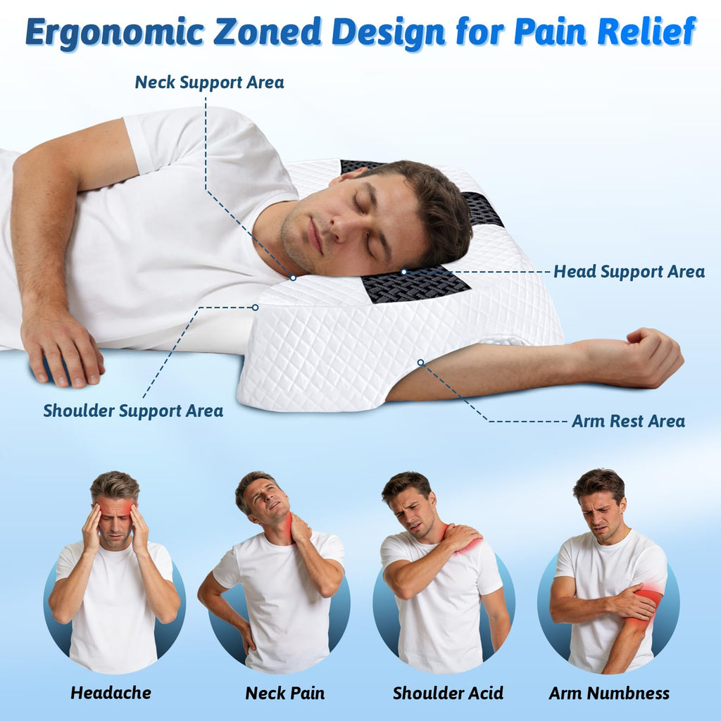 Side Sleeper Pillow with Arm Hole, Shoulder Relief System, Arm Pillow for Neck and Shoulder Pain, Premium Memory Foam, Suitable for Side, Back and Stomach Sleepers - Grey, 6in Height