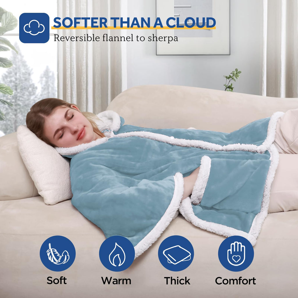 Sealy Heated Throw Wearable Shawl Wrap with Pockets, Reversible Flannel to Sherpa Electric Blanket Hoodie Poncho with 6 Heating Levels & 2-10 Hours Time Settings, 50 X 60 Inch, Pink