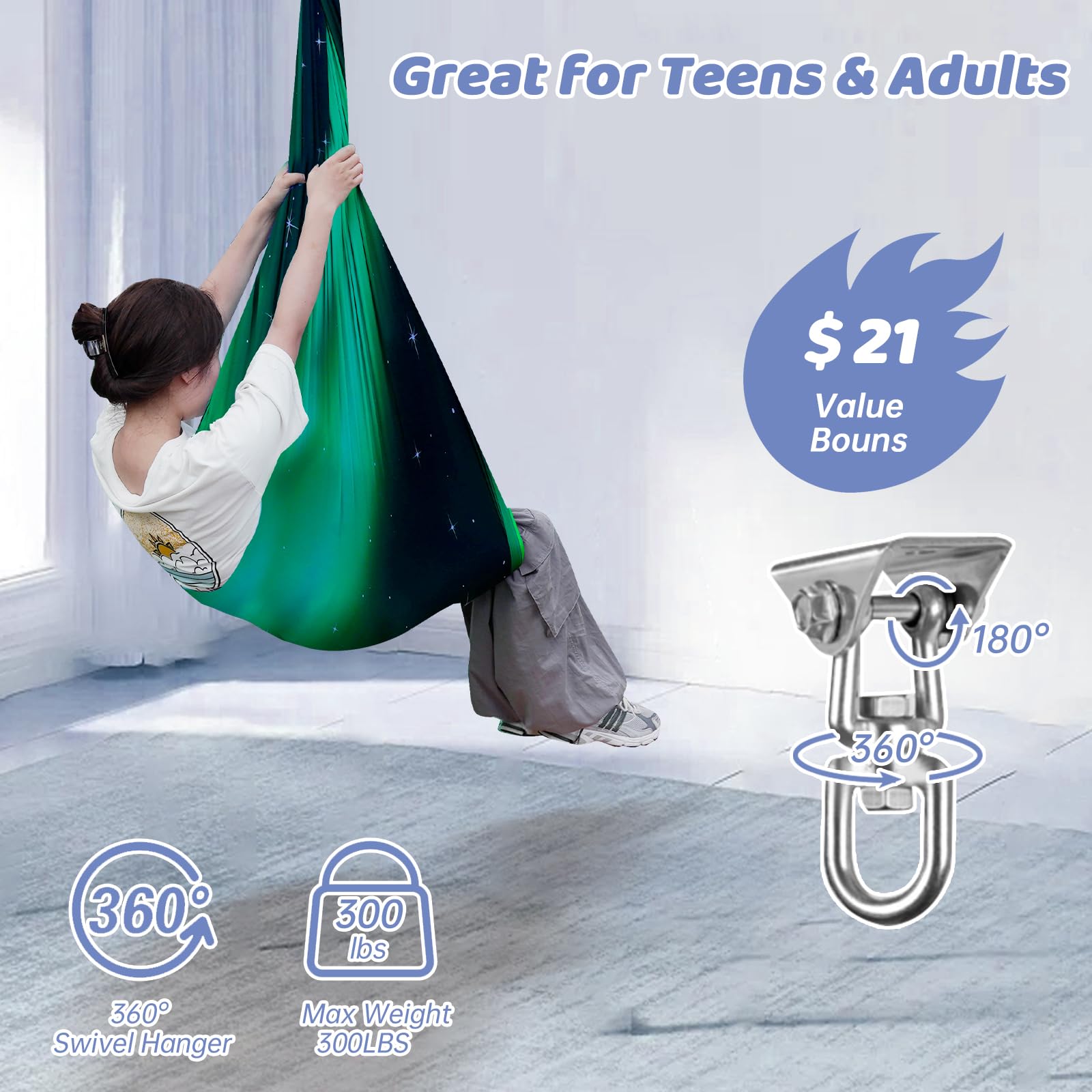 Aokitec Sensory Swing for Kids with Special Needs, Indoor Kids Swing Cuddle Hammock Chair Adjustable Aerial Swing for Children with Autism, ADHD, Asperger, Sensory Integration(Blue)
