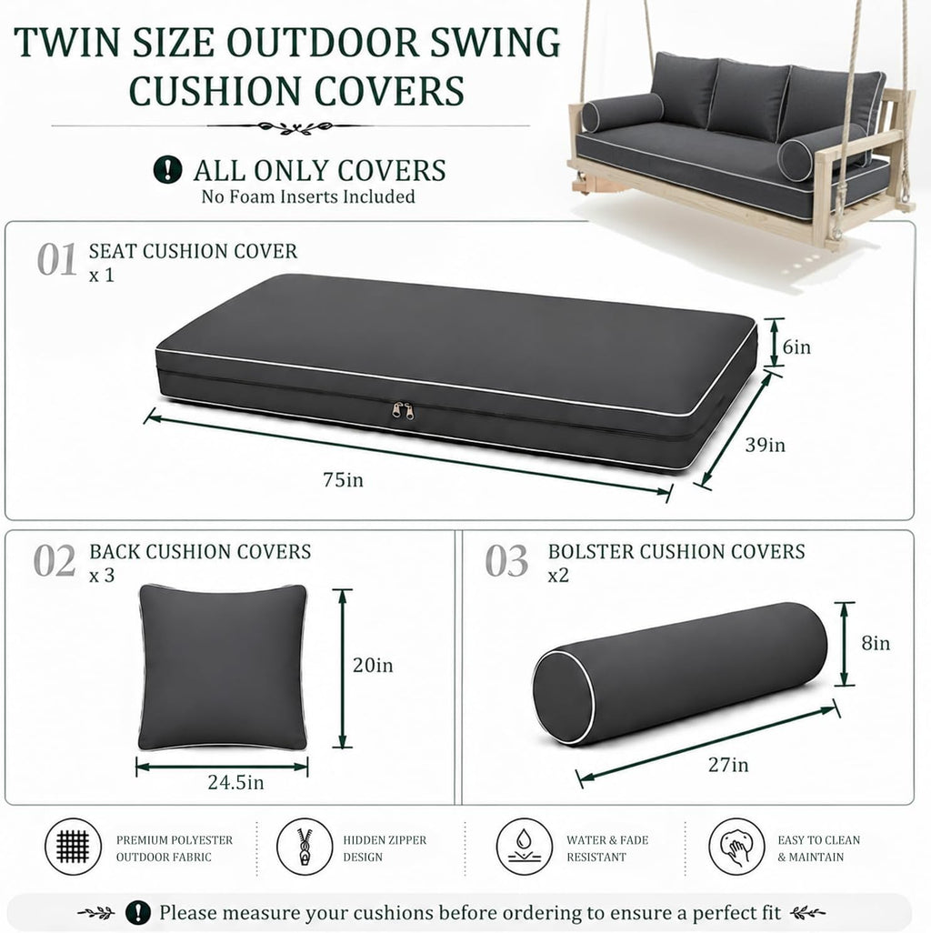 Twin Size Outdoor Daybed Swing Cushion Cover,Patio Porch Twin Mattress Bolster Pillow Fitted Sheet Cover Waterproof for Outdoor Hanging Porch Swing Bed (6, Dark Gray-White Piping)