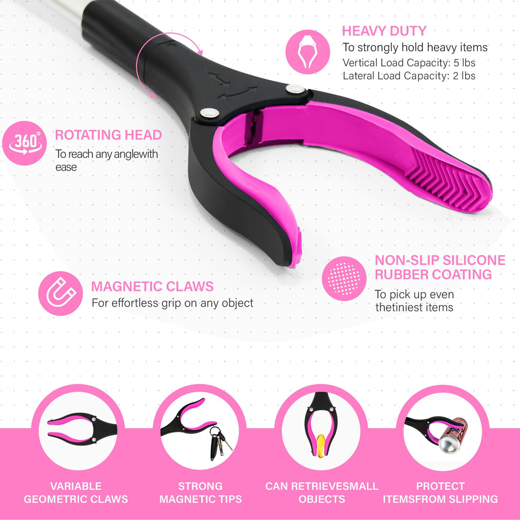 32 inch GrabRunner Heavy Duty(up to 10 lbs) Reacher Grabber Tool with Strong Magnetic (New Pink) 1 Pack