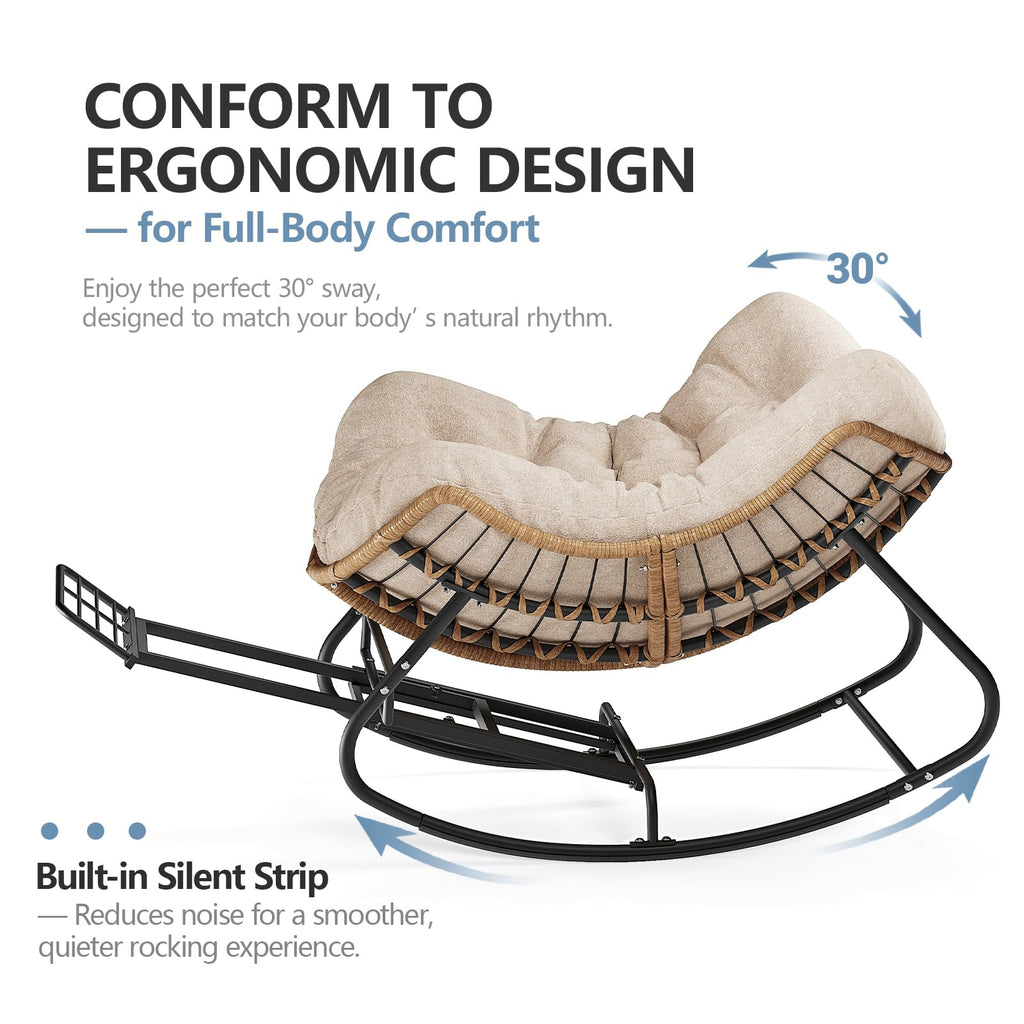 SWITTE Papasan Rocking Chair Outdoor, Oversized Patio Egg Chair with Thick Cushion, Indoor Wicker Lounge Rocker Bed for Balcony, Porch, Garden, Dark Gray