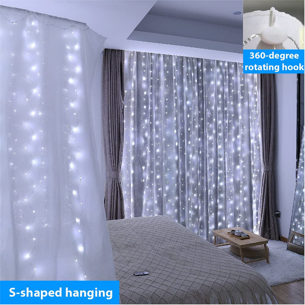 ZSJWL 300 LED Curtain Fairy Lights with Remote, 8 Modes 9.8 × 9.8 Ft Curtain String Light USB Plug in, Twinkle Silver Wire Lights for Bedroom Window Chrismas Wedding Party, Warm White