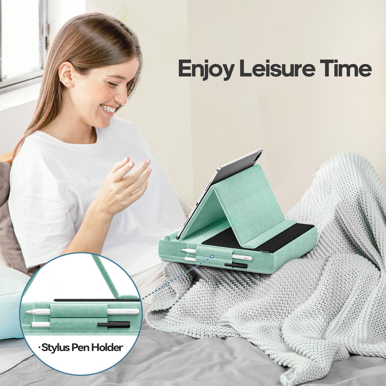 KDD Tablet Pillow Stand, Multi-Angle Viewing Ipad Holder for Lap, Bed and Desk, Foldable Soft Pad Dock with Stylus Mount Compatible with Ipad Pro 12.9, 10.5, 11, Air, Mini, Phones, Books, E-Reader
