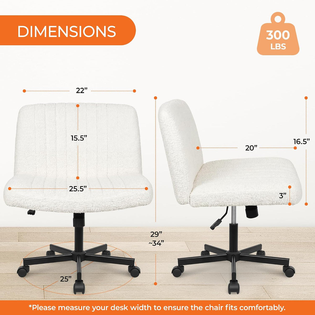 NEO CHAIR Criss Cross Chair with Wheels Home Office Cross Legged Armless Chairs Adjustable Computer Desk Wide Seat for Bedroom Vanity Comfy Swivel (Teddy White)