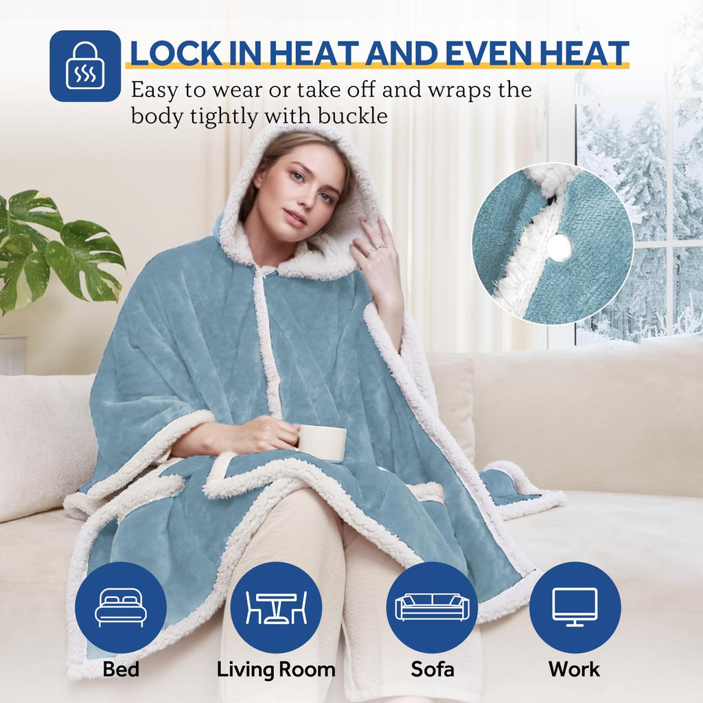 Sealy Heated Throw Wearable Shawl Wrap with Pockets, Reversible Flannel to Sherpa Electric Blanket Hoodie Poncho with 6 Heating Levels & 2-10 Hours Time Settings, 50 X 60 Inch, Pink