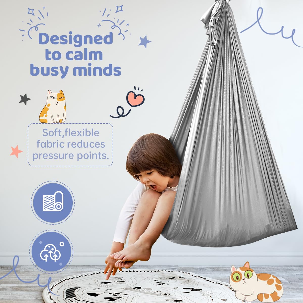 Aokitec Sensory Swing for Kids with Special Needs, Indoor Kids Swing Cuddle Hammock Chair Adjustable Aerial Swing for Children with Autism, ADHD, Asperger, Sensory Integration(Blue)