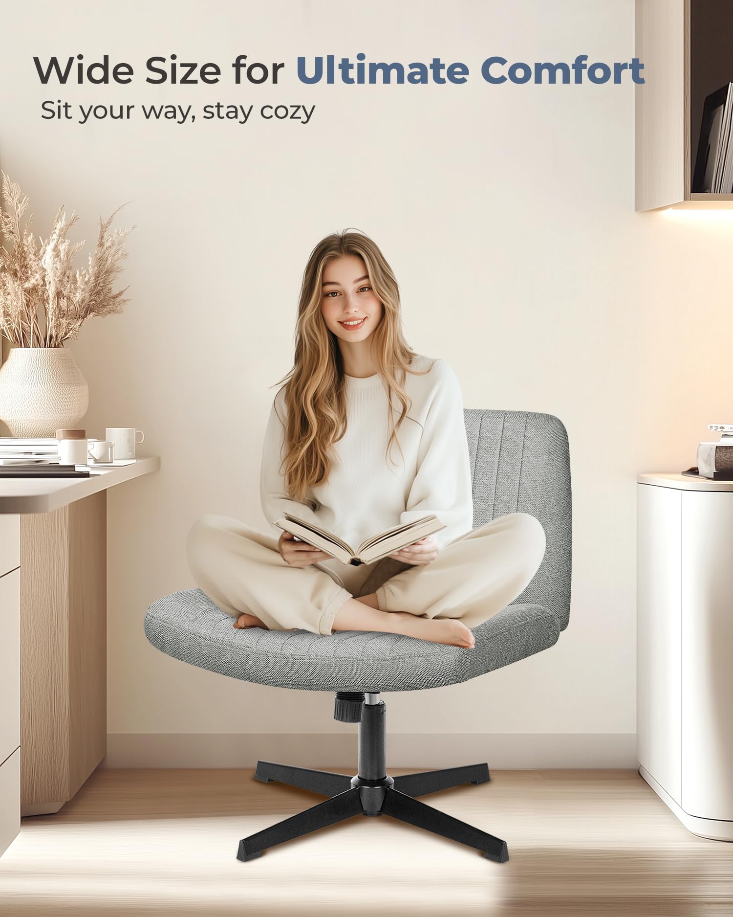 NEO CHAIR Criss Cross Chair with Wheels Home Office Cross Legged Armless Chairs Adjustable Computer Desk Wide Seat for Bedroom Vanity Comfy Swivel (Teddy White)